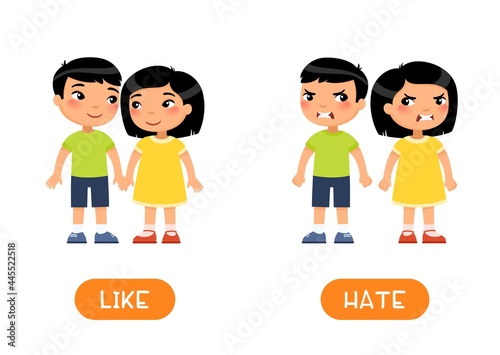 LIKE and HATE antonyms word card, opposites concept. Flashcard for English language learning. Asian children in love hold hands. The quarrel and the children are angry