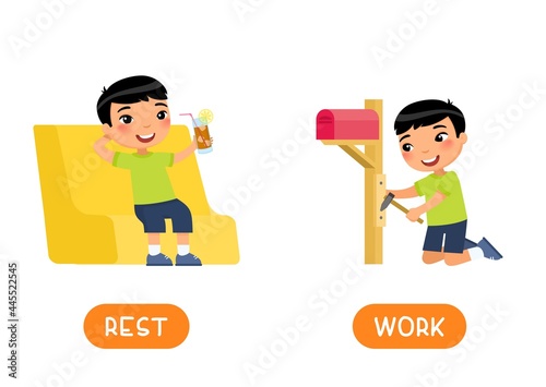 REST and WORK antonyms word card, opposites concept. Flashcard for English language learning. Asian boy is resting in a chair with cold tea in his hand. The child is working - making a mailbox