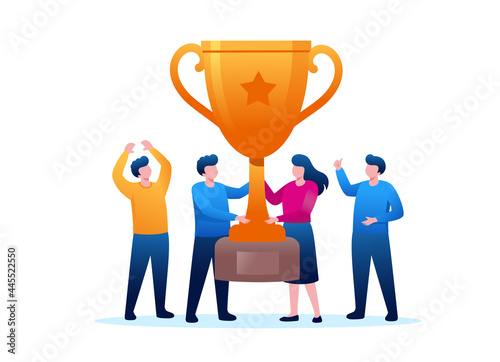 Achievement trophy and winning prize flat vector illustration banner and landing page 