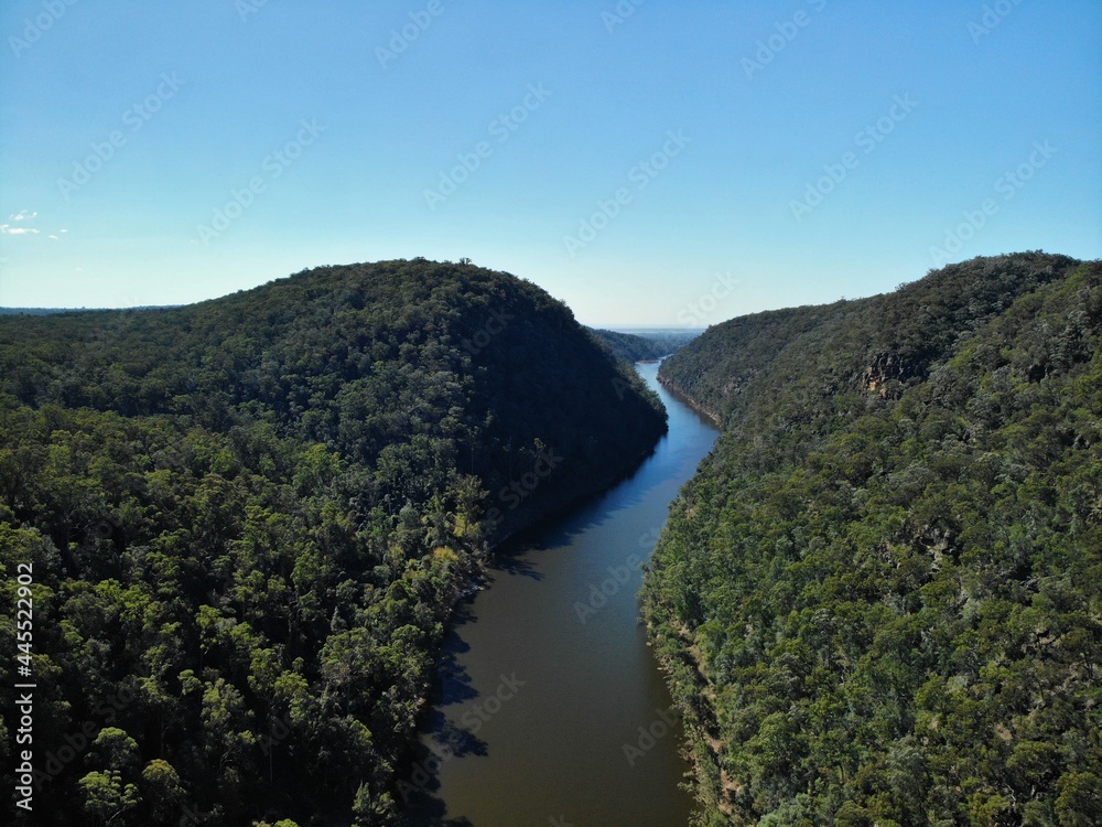 Drone photo of The Nepean Gorge on the Nepean River west of Sydney, New South Wales, Australia. The gorge is located south of the western suburb of Penrith.