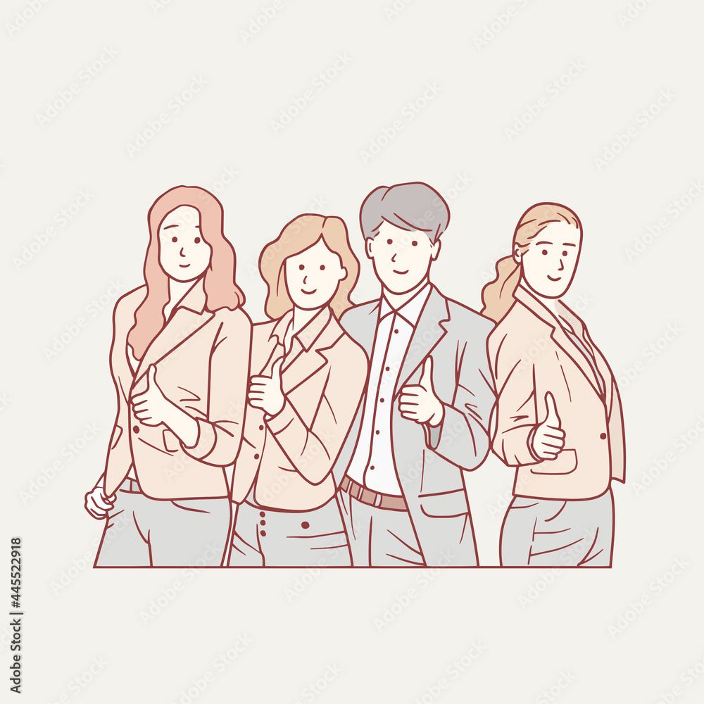 Successful business people with thumbs up and smiling. hand drawn vector art style Successful business people with thumbs up and smiling. hand drawn vector art style