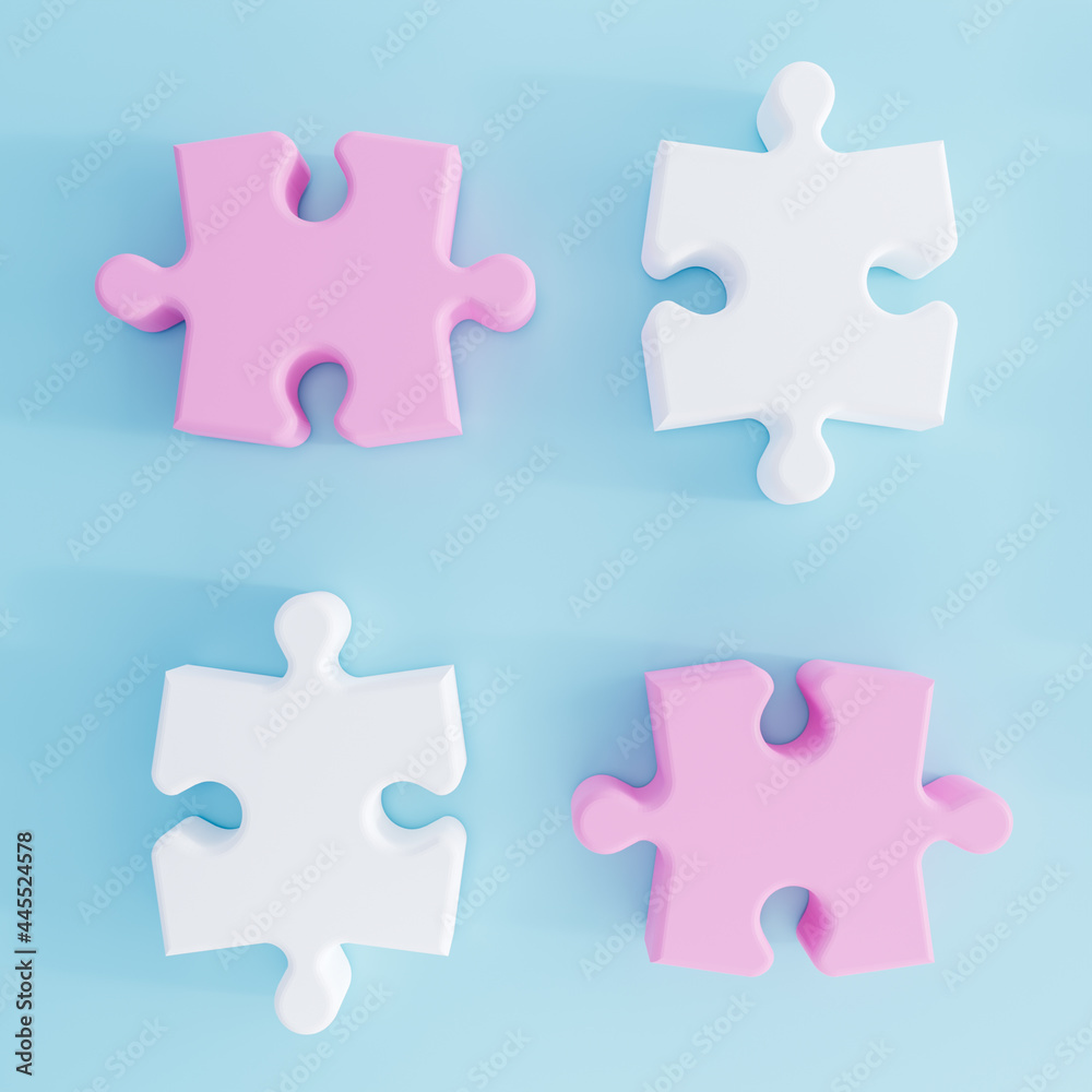 3D illustration. Pink and white Puzzle pieces isolated on Blue background. 3D Rendering 3D illustration. Pink and white Puzzle pieces isolated on Blue background. 3D Rendering