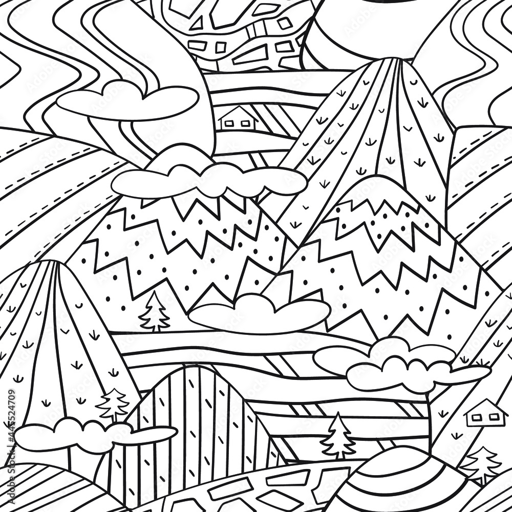 Naklejka premium Graphic mountain landscape. Black and white seamless pattern. Coloring book.