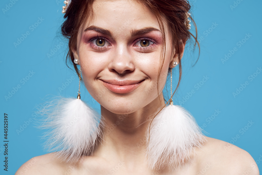 pretty woman bare shoulders fluffy earrings jewelry luxury cosmetics pretty woman bare shoulders fluffy earrings jewelry luxury cosmetics