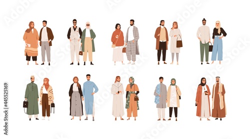 Set of Arab Muslim couples. Modern Arabian people in traditional hijabs and trendy clothes. Saudi man and woman. Colored flat vector illustration of Islamic characters isolated on white background