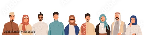 Team of modern Arab Muslim people. Group portrait of Arabian man in headwear and woman in hijab. Happy smiling Islamic male and female characters. Flat vector illustration isolated on white photo