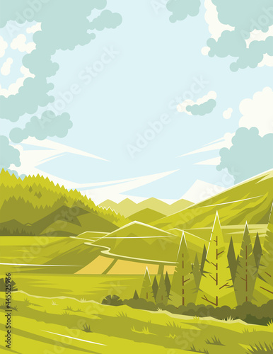Summer in the forest. A warm summer day. Landscape of a summer forest. A beautiful landscape on a spring day. Bright colourful picture. Open spaces of nature. Vector illustration. EPS 10