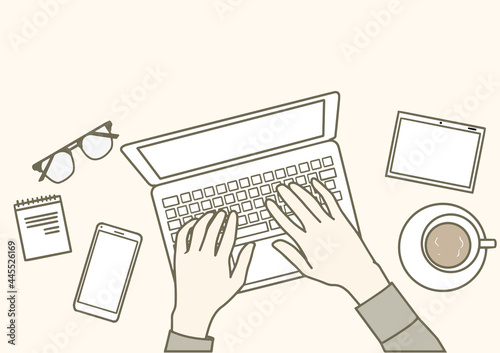 man hands working on modern laptop. Office desktop with coffee, camera, notes and mobile phone. hand drawn vector art style