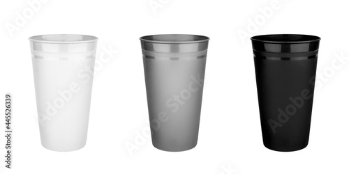 Wallpaper Mural Black, white, gray empty plastic cups set isolated closeup, 3 blank drinking glasses, beverage, cocktail, water, tea, juice, coffee mug, disposable takeaway utensil, container mockup, tumbler template Torontodigital.ca