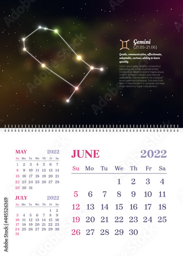 Wall zodiac calendar for June in vertical format. 2022 scheduler, planner, stationery organizer, week starts Sunday. Gemini constellation astrological symbol on dark blue starry background