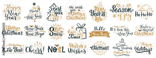 Merry Christmas lettering quotes. Happy New Year winter holiday greetings, xmas festive lettering phrases vector illustration set. Christmas hand drawn quotes