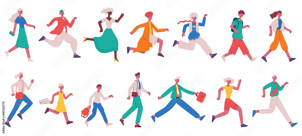 Running hurrying people. Jogging adult characters and kids, hurrying business people vector illustration set. Hurry running people