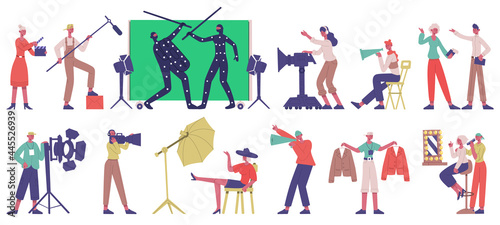 Movie production. Cinema filming shooting locations, actors and film director in movie production process vector illustration set. Film production crew