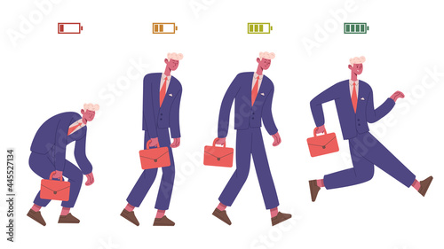 Businessman life energy levels. Tired and vigorous male business character, half and low battery energy levels vector illustration. Office worker life energy