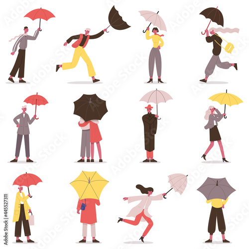 People holding umbrella. Male and female fall characters with umbrellas, rainy day stroll vector illustration set. Cartoon people walking under umbrella