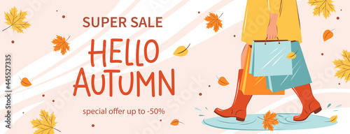 Hello autumn sale banner. Woman with purchases in autumn. Bright poster, flyer with invitation for shopping, template offer of discounts deals. Vector Illustration