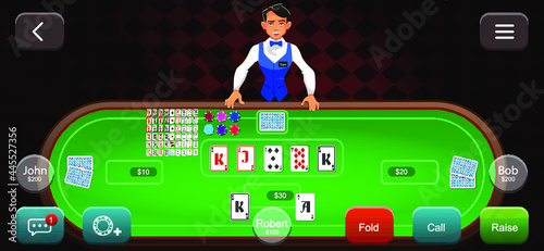 Online poker app. Mobile app. Tablet touch screen, smart phone, cards and chips all around