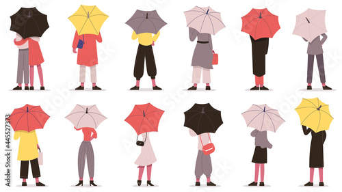 People with umbrella. Fall rainy weather day characters hiding under umbrella back view vector illustration set. Cartoon man and woman with umbrella