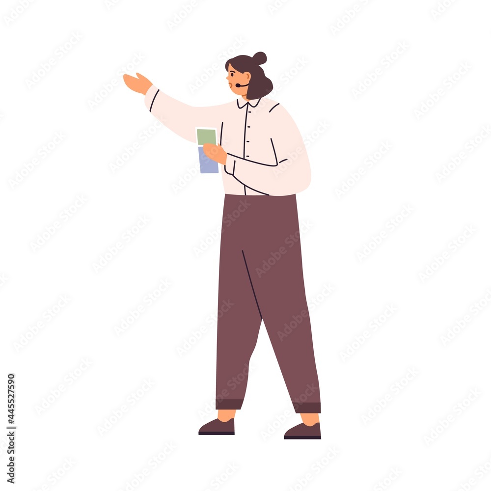 Tour guide leading sightseeing trip, showing and pointing at smth during excursion. Woman with mic and map in hands standing and telling sth in microphone. Flat vector illustration isolated on white Tour guide leading sightseeing trip, showing and pointing at smth during excursion. Woman with mic and map in hands standing and telling sth in microphone. Flat vector illustration isolated on white