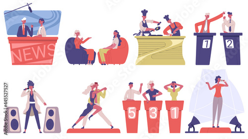 Television game show. Music, culinary and talk TV shows, television media presenters, host interview vector illustration set. TV entertainment show