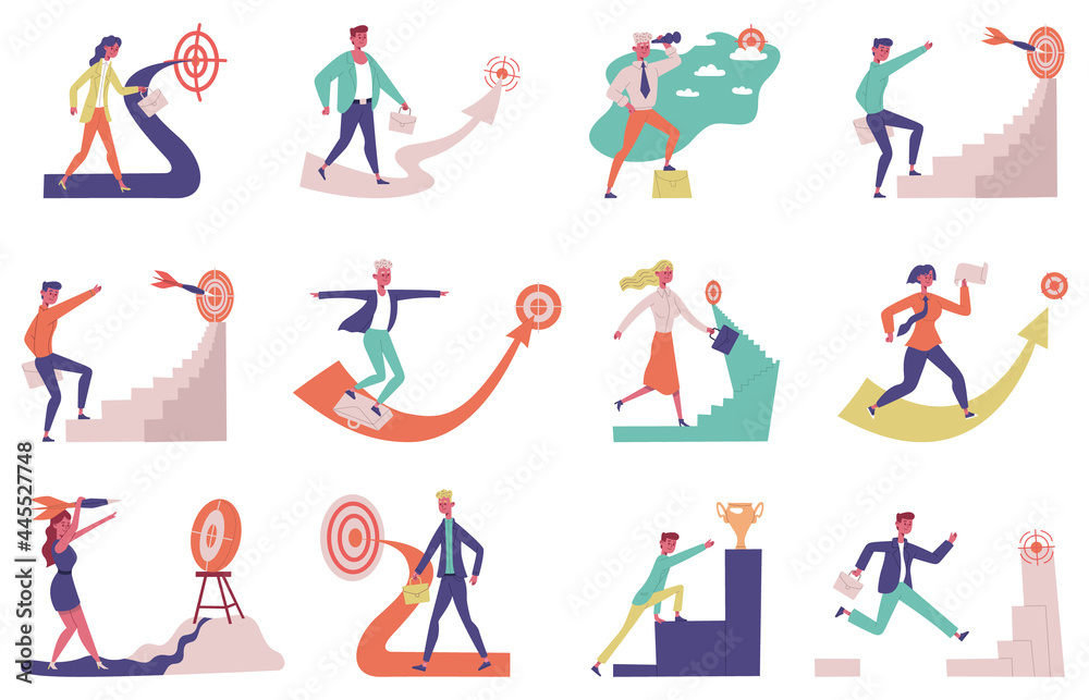 Business goals achievements. Success people career development, upward motivation vector illustration set. Achieve goal male and female characters