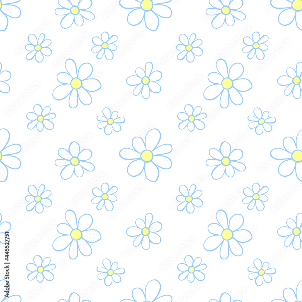 Vector simple primitive floral seamless pattern. Cute endless print with flowers drawn by hand. Sketch, doodle, scribble. Summer spring backgrounds and textures