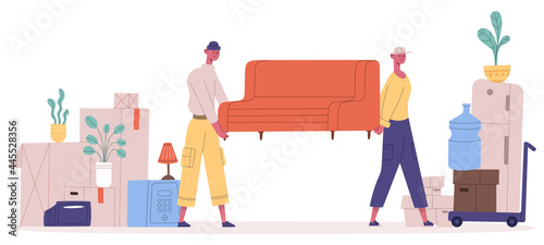 New house moving. Relocation service characters carrying sofa and household boxes, movers pulling furniture vector illustration. People moving new house