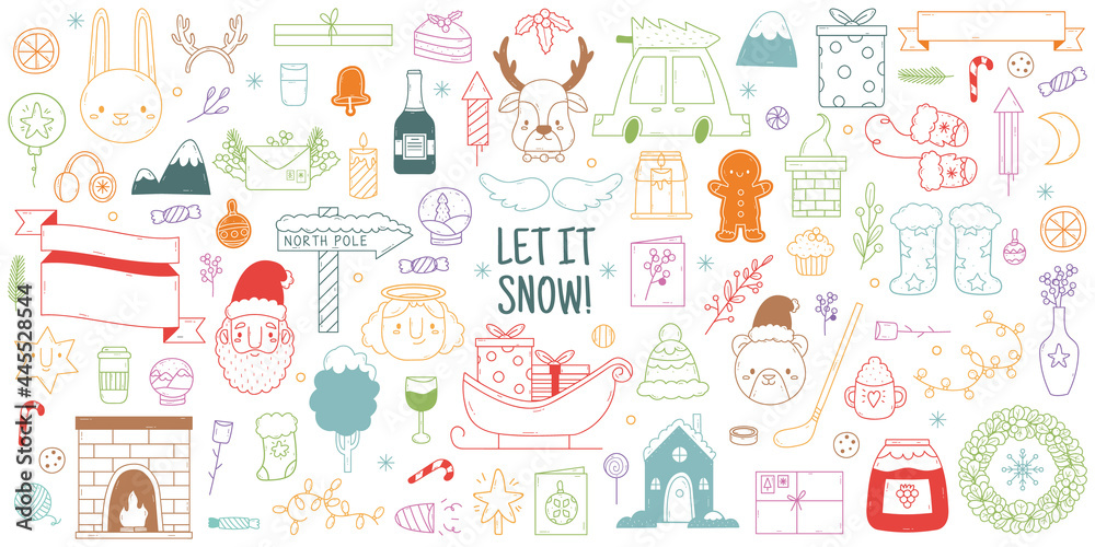 Christmas hand drawn doodles. Cute winter xmas holidays elements, Christmas tree, reindeer and Santa Claus vector illustration set. Hand drawn xmas doodles