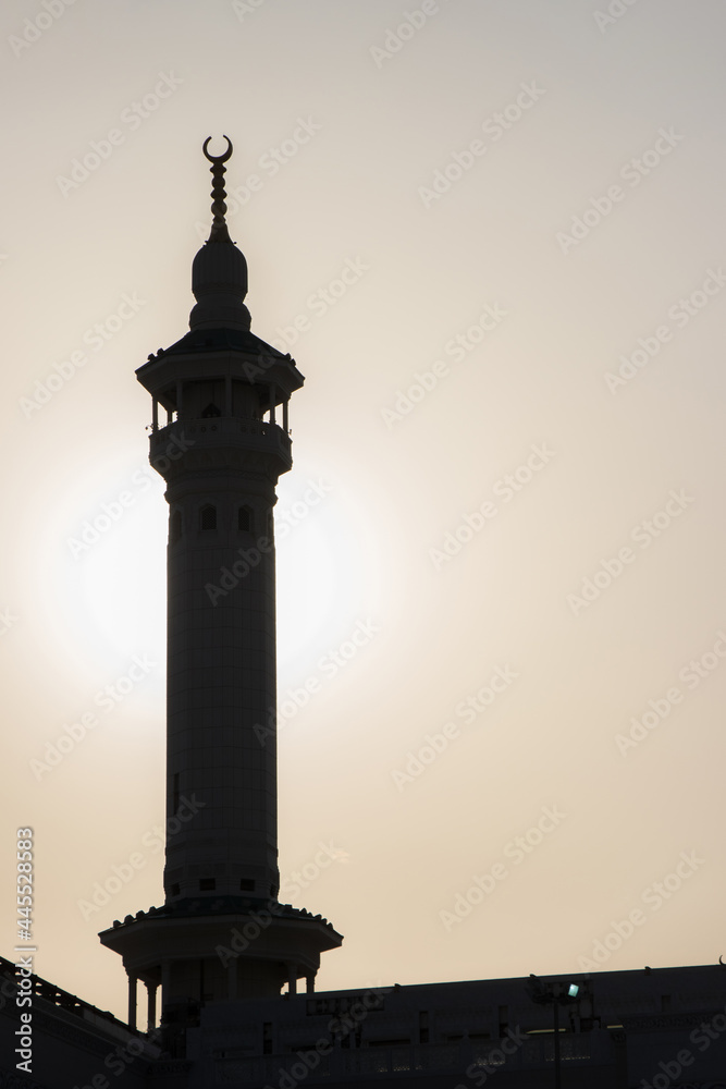 Silhouette of minaret of Grand Mosque - Masjid al-Haram in Mecca. Islamic background
