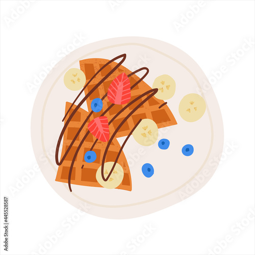 Belgian waffles for breakfast. Flat hand drawn textured wafers with chocolate topping, banana and berries. Yummy dessert for morning meal.
