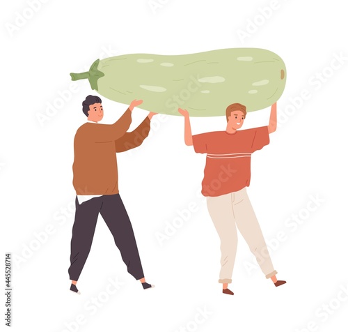Tiny people holding huge organic squash. Vegans carrying big local farm vegetable. Concept of vegetarian food and diet. Men and harvest. Colored flat vector illustration isolated on white background