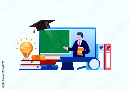 Online education with digital platform. Online teacher on computer monitor. Webinar and video seminar learning vector concept.