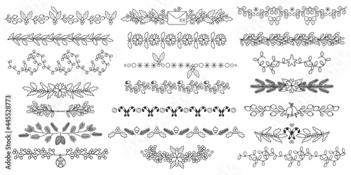 Christmas doodle dividers. Xmas holidays floral borders, ornamental flowers, leaves and berries dividers vector illustration set. Xmas floral separators