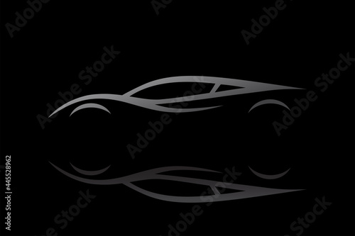 Auto sports car silhouette design. Performance sports vehicle dealership symbol. Supercar isolated on black background. Vector illustration.