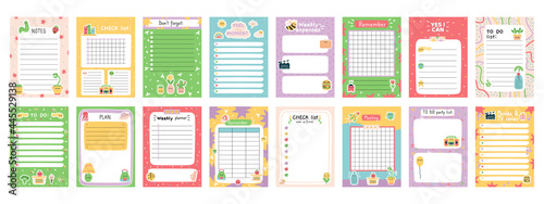 Daily note planners. Weekly scheduler, to do list, note paper or organiser sheets with hand drawn stickers vector illustration set. Cute doodle daily planner