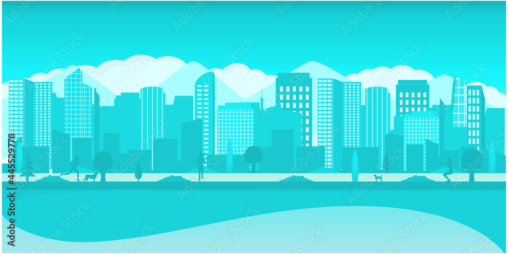 Modern metropolis with mountains and clouds.Panoramic view of the city. Urban landscape. Vector poster.