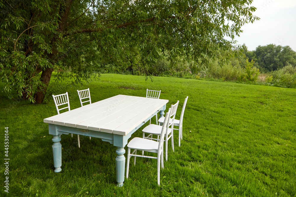 White table with chairs under tree on lawn. White table with chairs located on green grass under lush tree on summer day in field