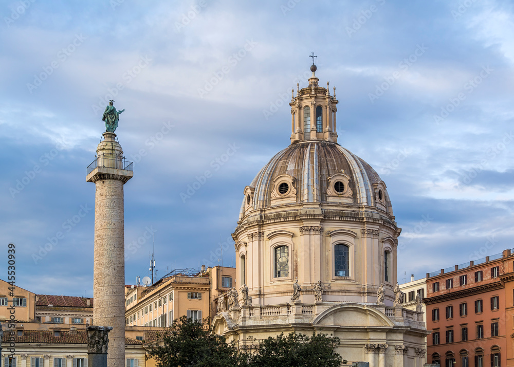 The Church of the Most Holy Name of Mary at the Trajan Forum (Santissimo Nome di Maria al Foro Traiano) and Trajan's Column in Rome, Italy