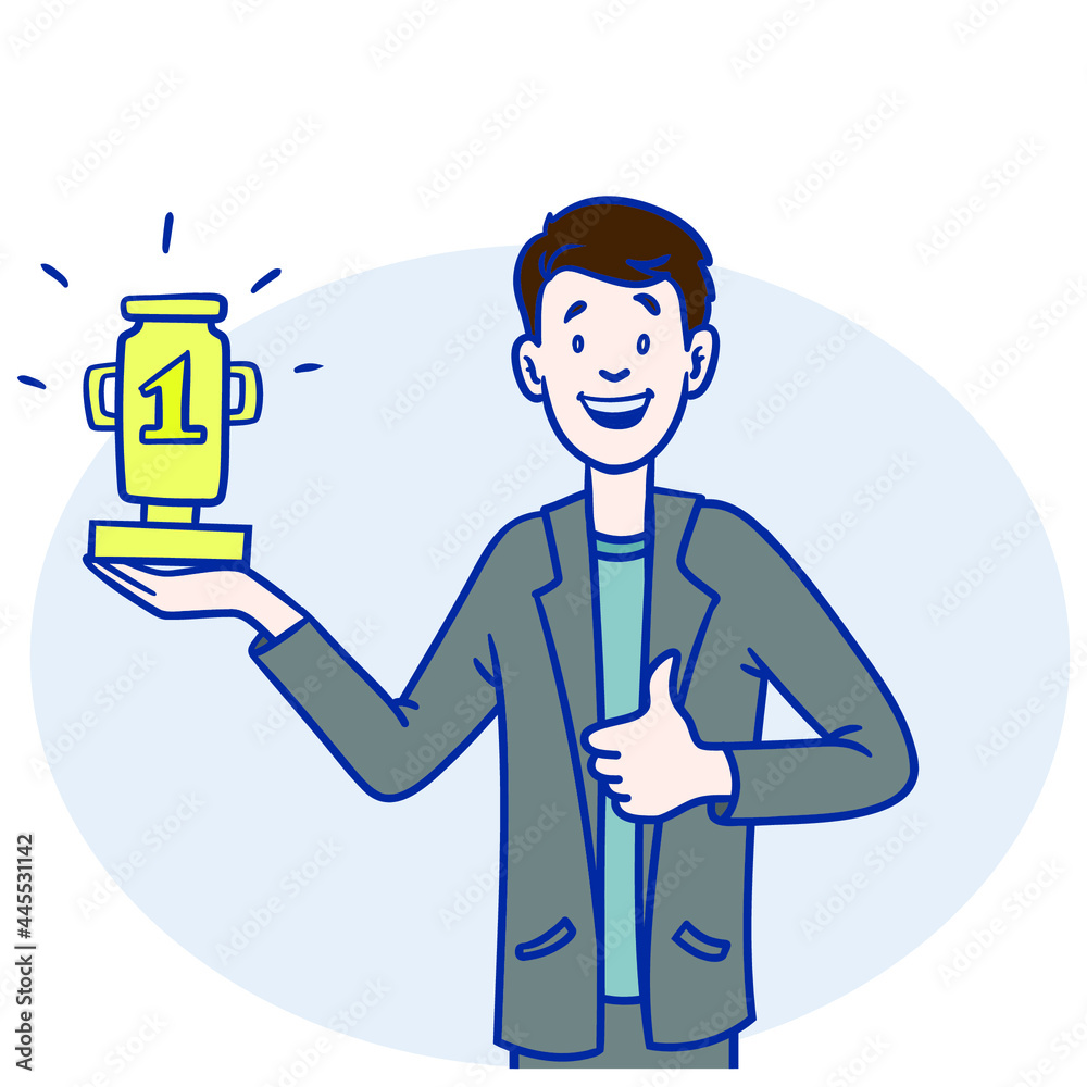 Man with trophy in hand. comic, vector. Man with trophy in hand. comic, vector.