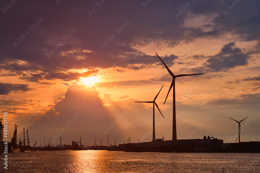 Obraz premium Wind turbines in Antwerp port on sunset.