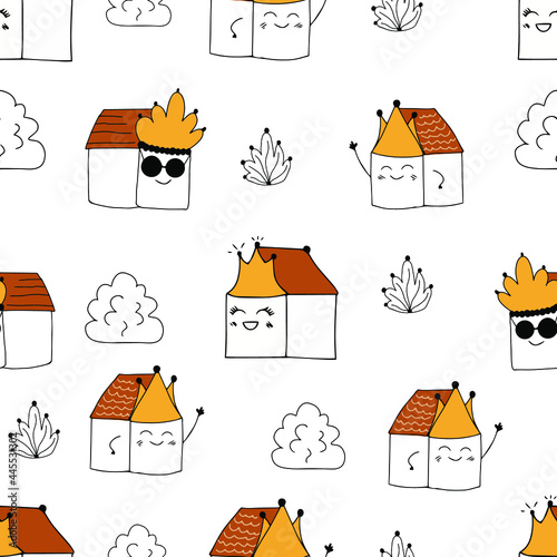 Cute little houses seamless pattern. Doodle-style houses. Vector isolated on white background.