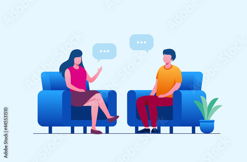 Men and women talking or brainstorming concept. Flat vector illustration banner and landing page.
