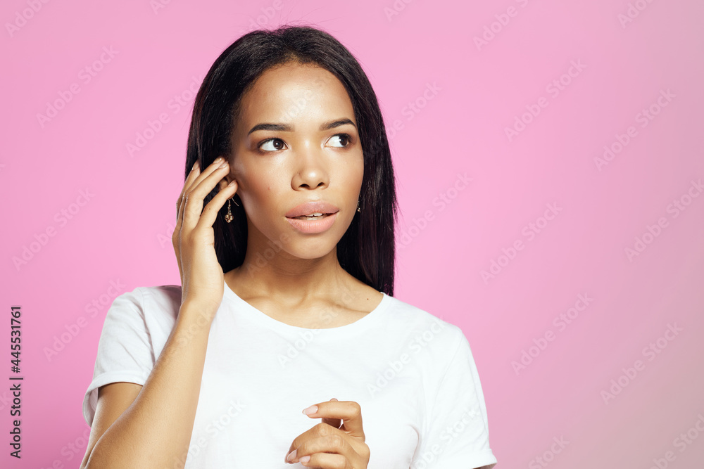 beautiful woman african countryside long hair pink background beautiful woman african countryside long hair pink background