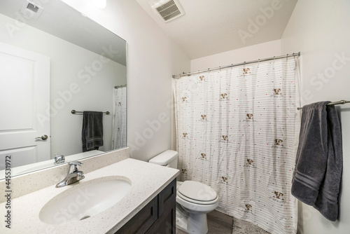 Bathroom interior with closed shower curtain with printed puppy design