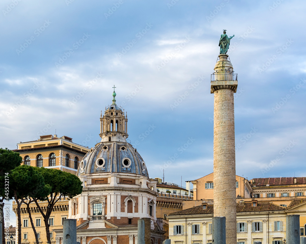 The Church of Santa Maria di Loreto and Trajan's Column in Rome, Italy