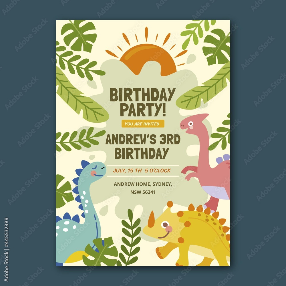 Hand drawn dinosaur birthday invitation template_2