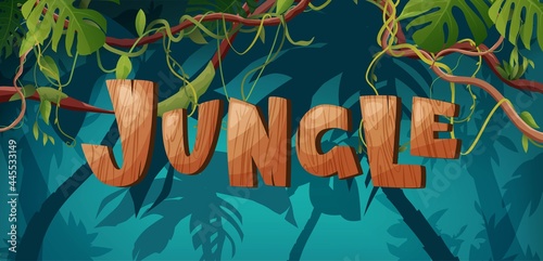 Jungle hand lettering wooden text. Textured cartoon letters. Liana or vine winding branches. Rainforest tropical climbing plants.