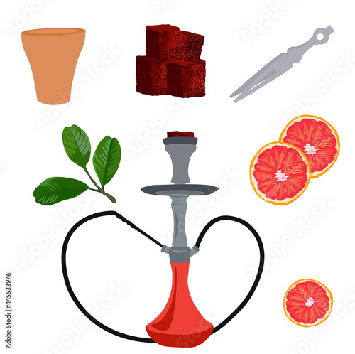 Hookah vector stock illustration. Pipe, charcoal briquettes, hose, tobacco. A set for a bar. Isolated on a white background.