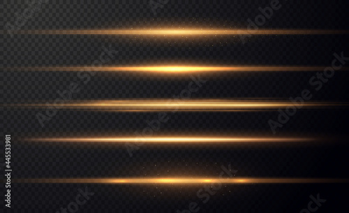 Gold horizontal lens flares pack. Laser beams, horizontal light rays. Beautiful light flares. Glowing streaks on light background. Collection effect light gold line png. 