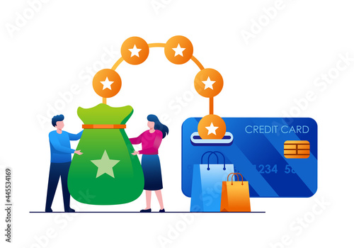 People receives point from credit card. Shopping cash back concept. Flat illustration vector
